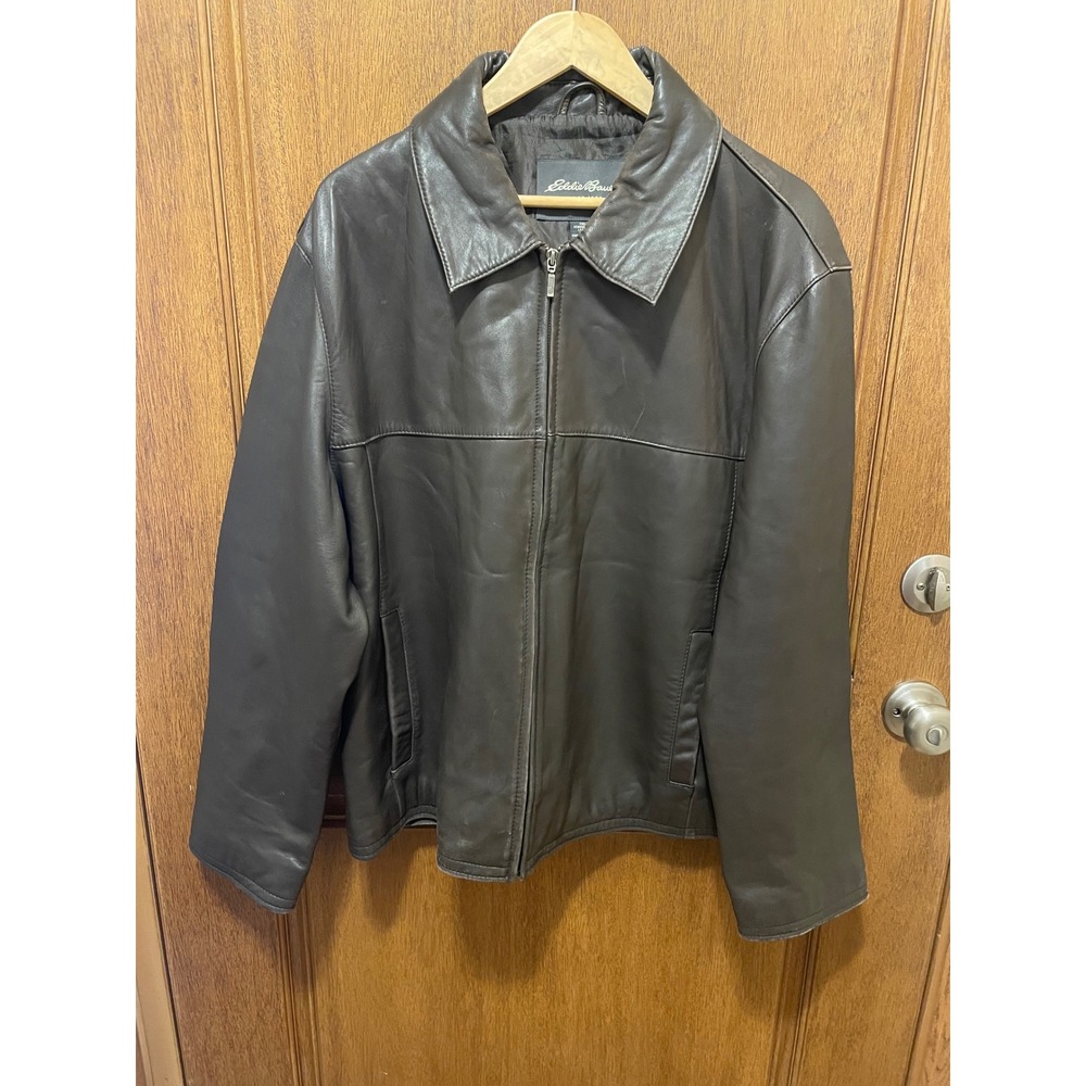 Eddie Bauer Mens XL Brown Genuine Lamb Leather Zip Up Jacket Collared‎ Coat